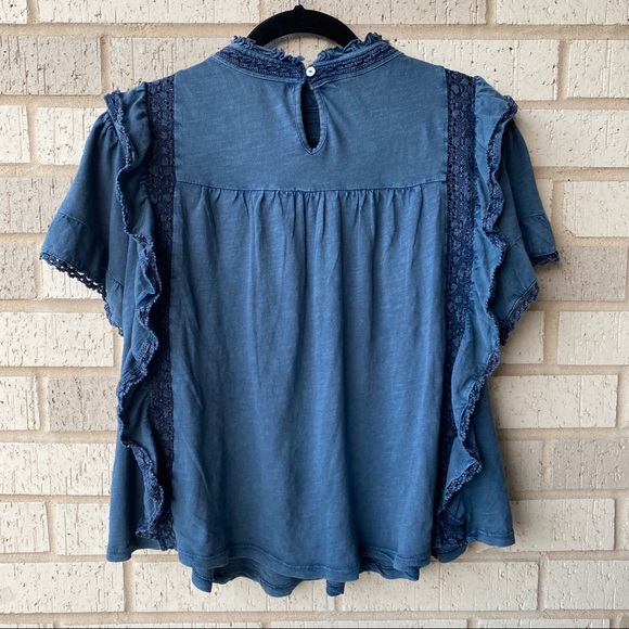 *SOLD* Free People Blue Ruffle Mock Neck Blouse - Picture 2 of 6